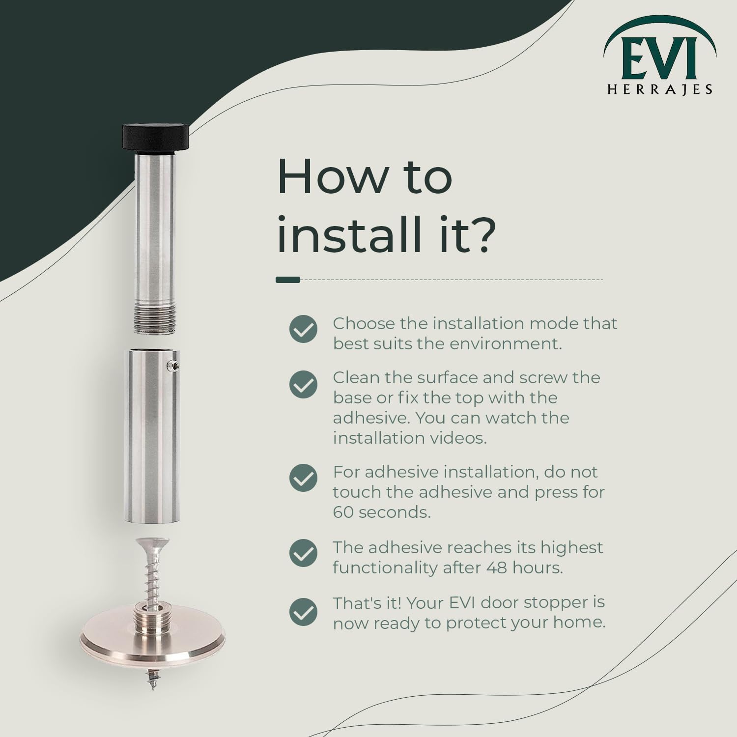 Wall Mounted Doorstop | Adhesive or Screwing | Adjustable from 3.5" to 5,10" | Stainless Steel | EVI