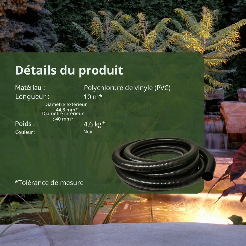 Tuyau pour étang HeRo24 professionnel, 40 mm, 10 m, PVC, noir, résistant aux UV, collable, pression de 6 bars, type V