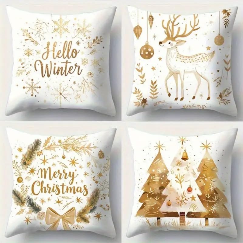 BUOAZR Cojines Navideños 45 x 45cm, 4 Pcs Fundas navideñas para Cojines, Decoracion Navidad Hogar,...