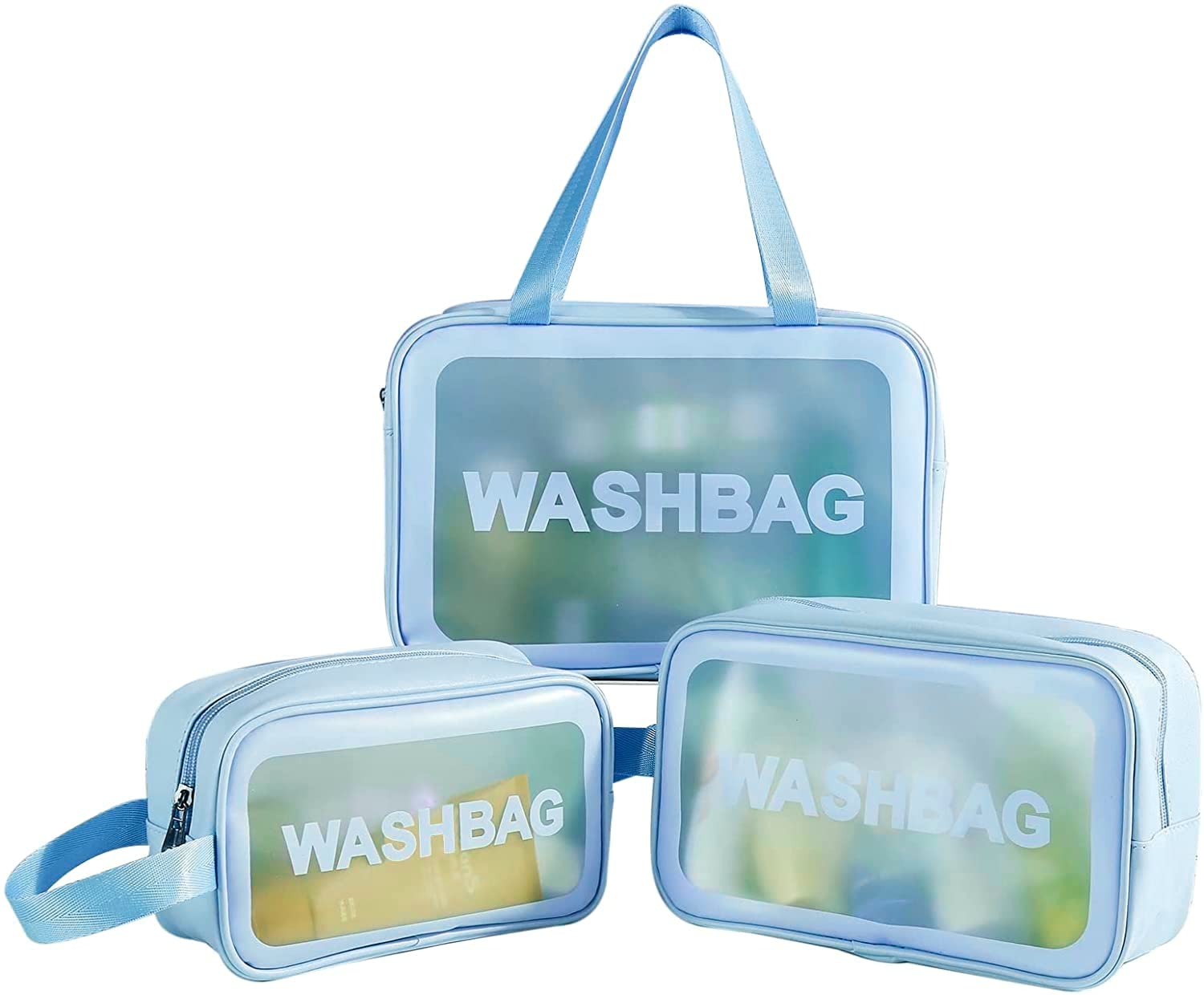 FLYNGO Pvc Clear Makeup Pouch Set, Cosmetic Organizer Bag for Women and Girls Travel Waterproof Toiletry Storage Kit (Set of 3 Light Blue)