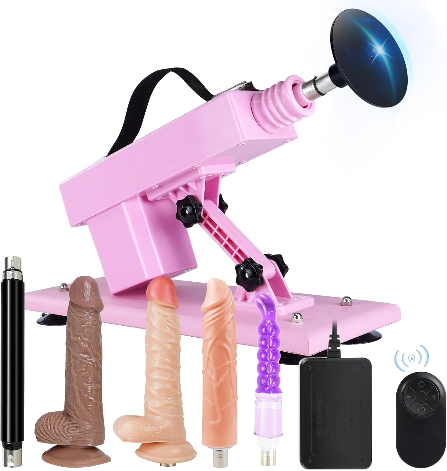 Sex machine with remote control and suction cup attachments