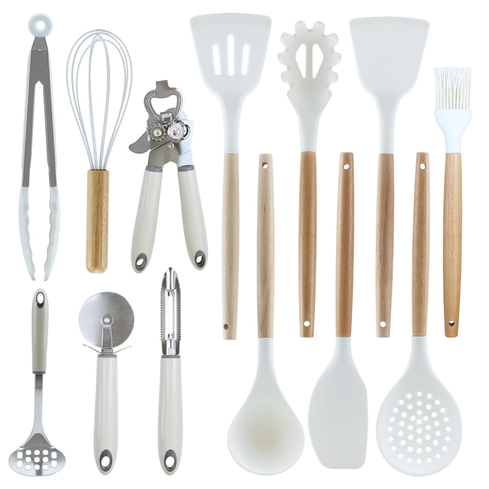 Ustensiles de cuisine en bois silicone inox : kit 13 pièces pour poêle antiadhésive et pâtisserie