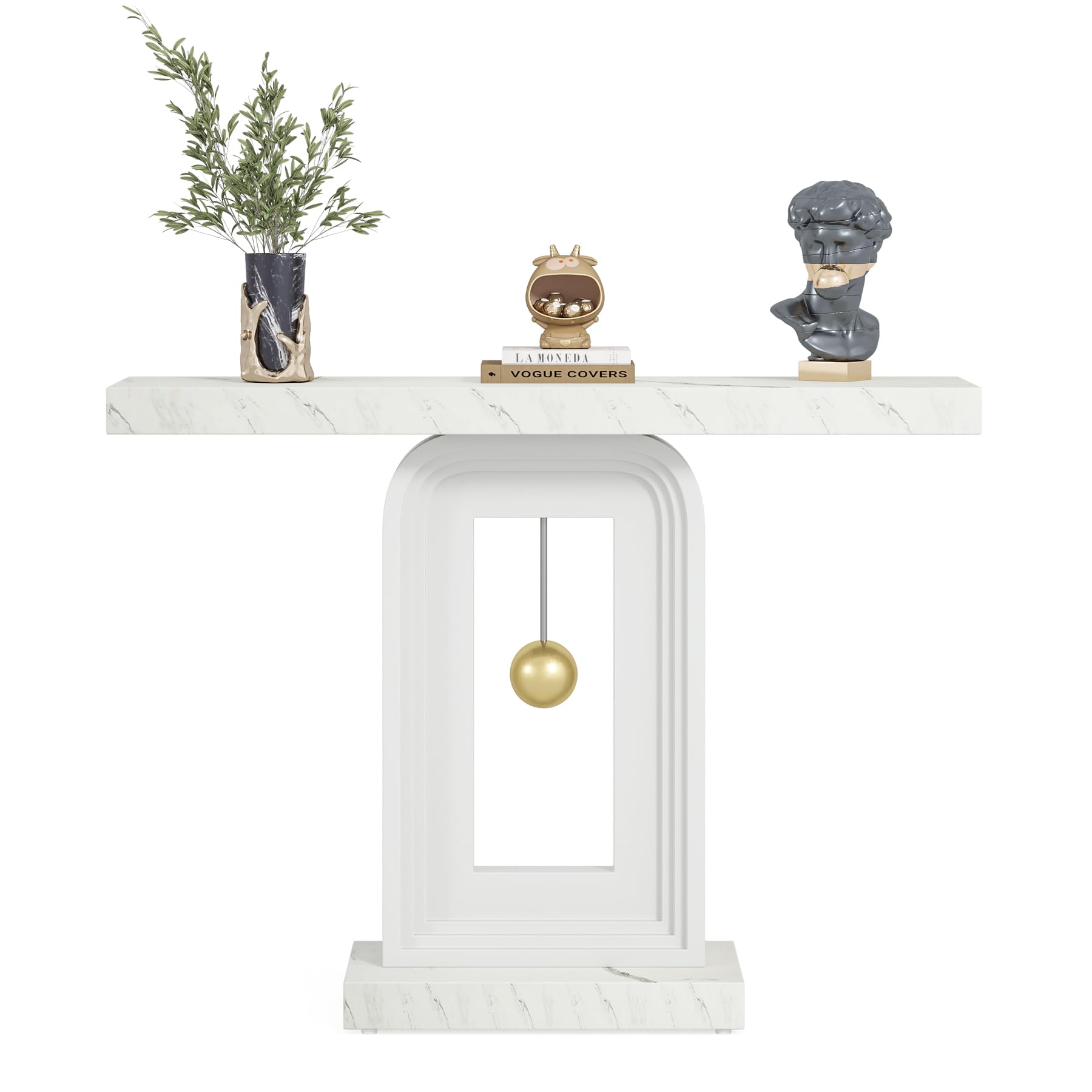 Tribesigns Mesa Consola Moderna, 100cm Mesas Muebles de Entrada de Madera con Base en Forma de Péndulo, Recibidores de Entrada de Estampado en mármol Blanca para del Salón