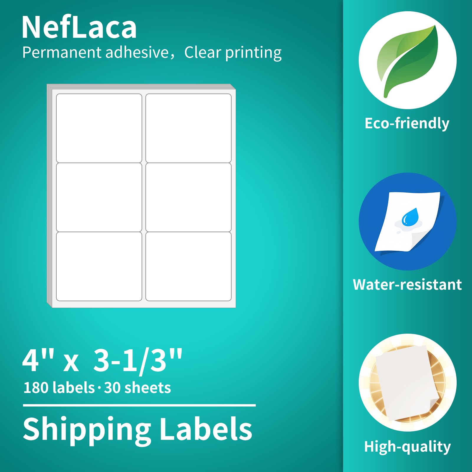 NefLaca White Shipping Labels, 30 Sheets (180 Labels), 3-1/3" x 4", Address Labels, Laser & Inkjet Printers Compatible