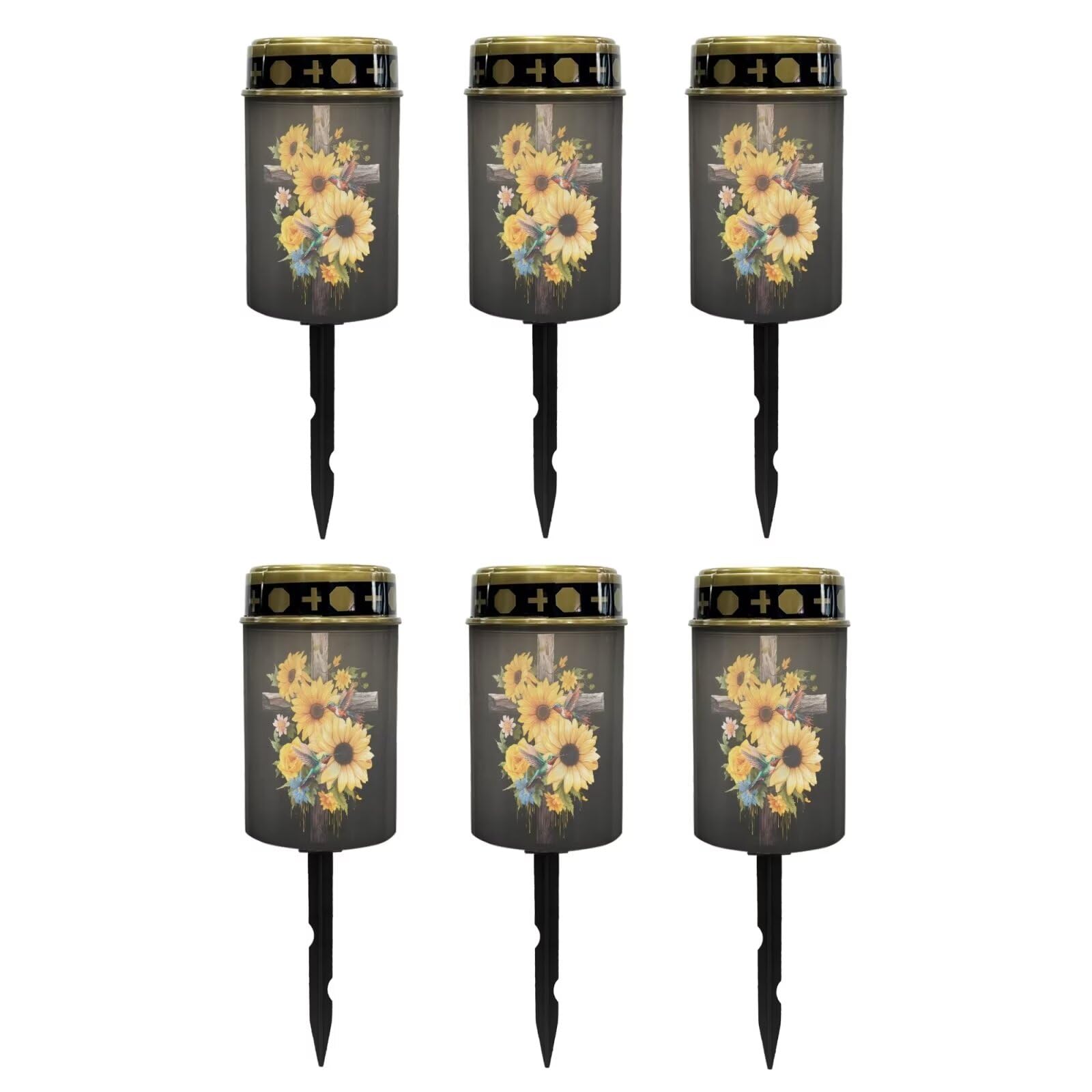 Poceacles Cross Outdoor Solar Lights Waterproof Outdoor Lights Solar Powered Solar Lantern Light Blessed Candles Cemetery Lights Outdoor Stake Home Decorative, Sunflower Hummingbird Cross, Pack of 6