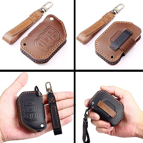 Miniatura 3 de ontto Funda de cuero para llavero de 23 botones con llavero compatible con Jeep Wrangler JL JLU Rubicon 2018-2021, color negro, Negro -