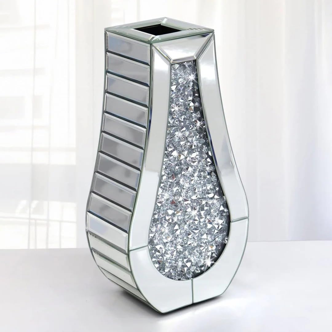 Shabjy Silver Crushed Diamond Mirrored Vase, 40Cm Tall, Glass, Curved Shape, Decorative
