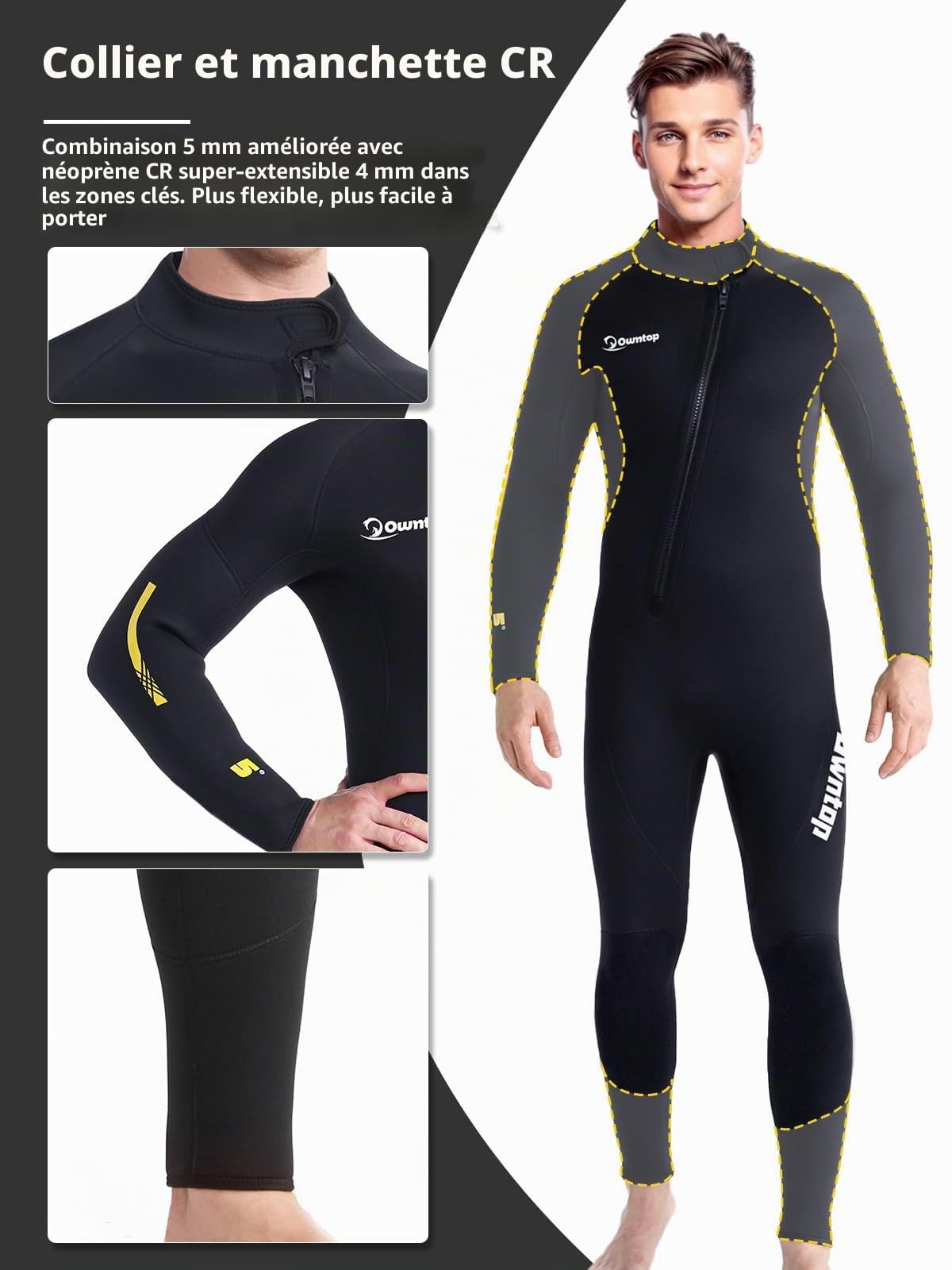 Owntop Combinaisons de Plongée 5mm pour Hommes Femmes - Combinaison Néoprène Adultes, Wetsuit à Fermeture Éclair Frontale de Longueur Intégrale, Ultra-Chaude Flexible pour Plongée Surf en Eau Froide