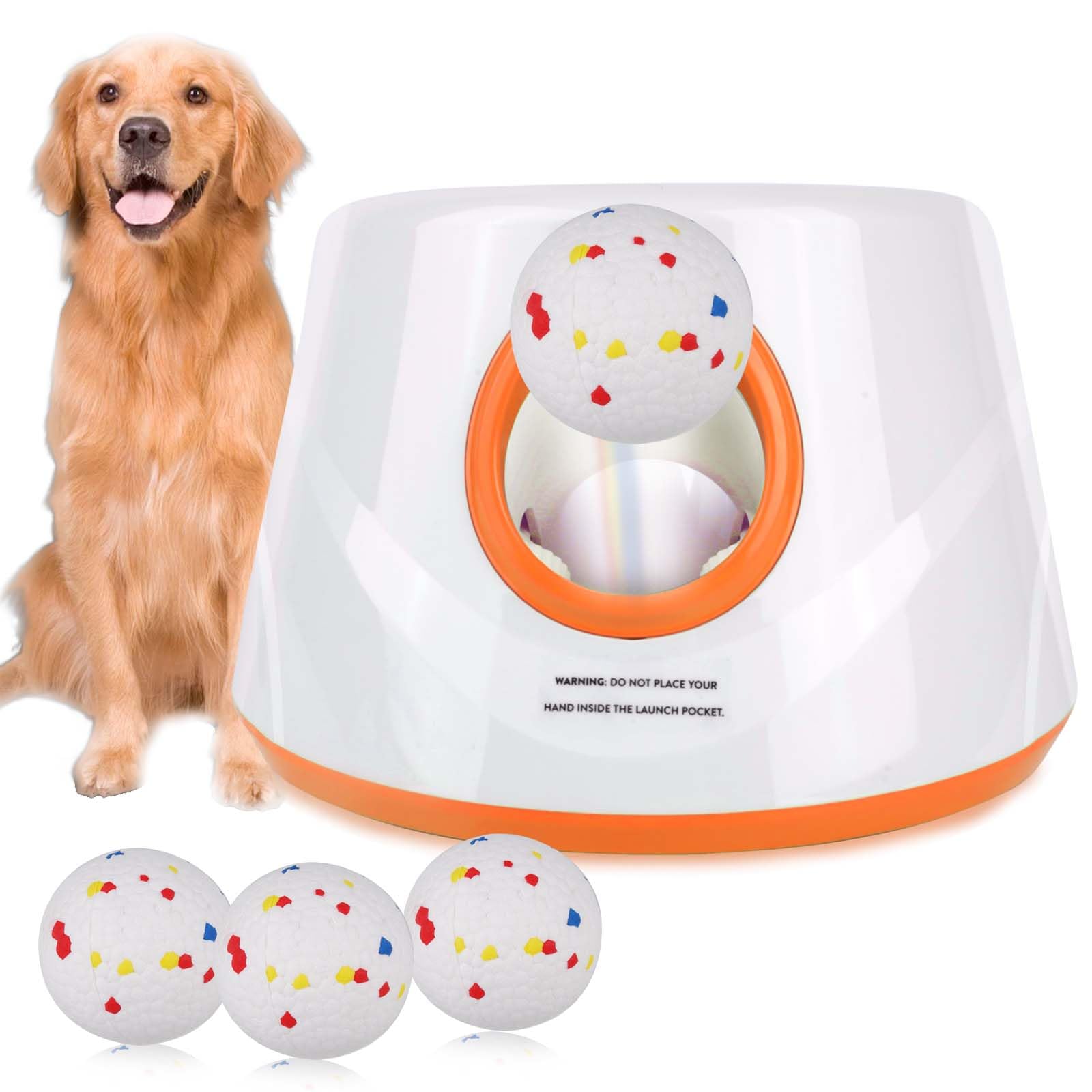 Lanceur de Balle Automatique pour Chien, avec 3 Balles de Tennis ETPU 5,8 cm, 3 Distances Réglables 5,7/9,7/13,7 m, Rechargeable, Jouet Interactif pour Chiens de Petite et Moyenne Taille (Orange)