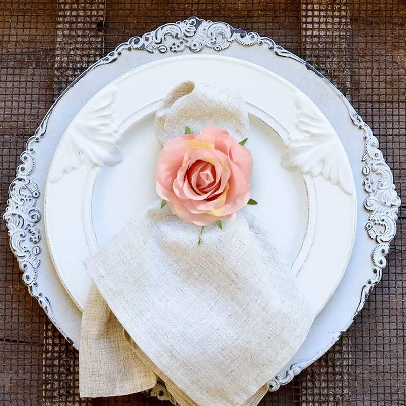 RWUDV Set Of 6 Artificial Rose Napkin Rings - Handmade Floral Napkin Holders For Weddings & Dining