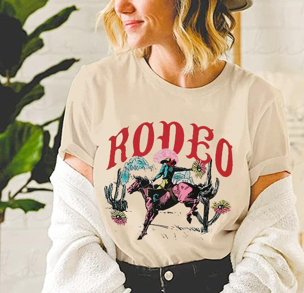 Western Cowboy T-Shirt for Women Cowgirl Rodeo Casual Shirts Vintage Desert Cactus Graphic Tee Tops - Image 5