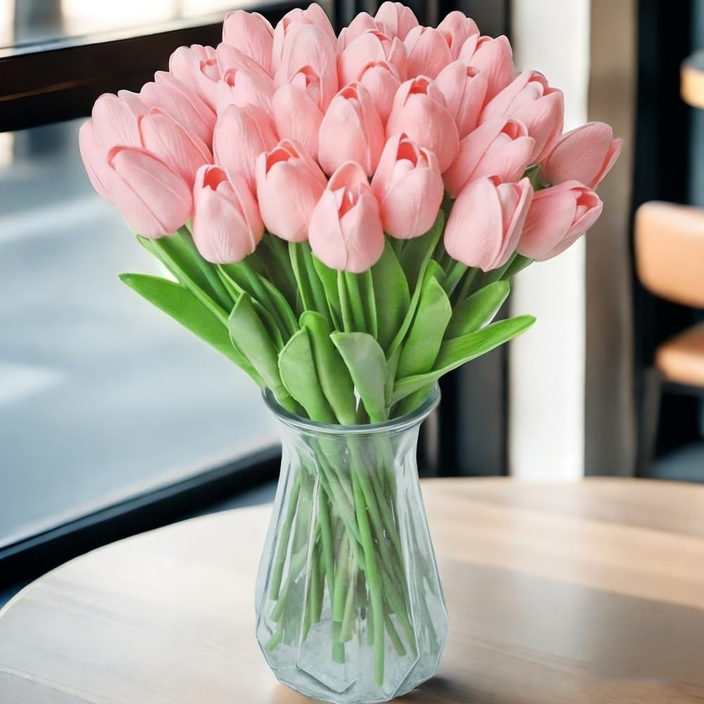 30PCS Artificial Tulips PU Real Touch Single Stem Fake Flowers Bouquet Arrangement for Home Party Wedding Decoration Without Vase (Pink)