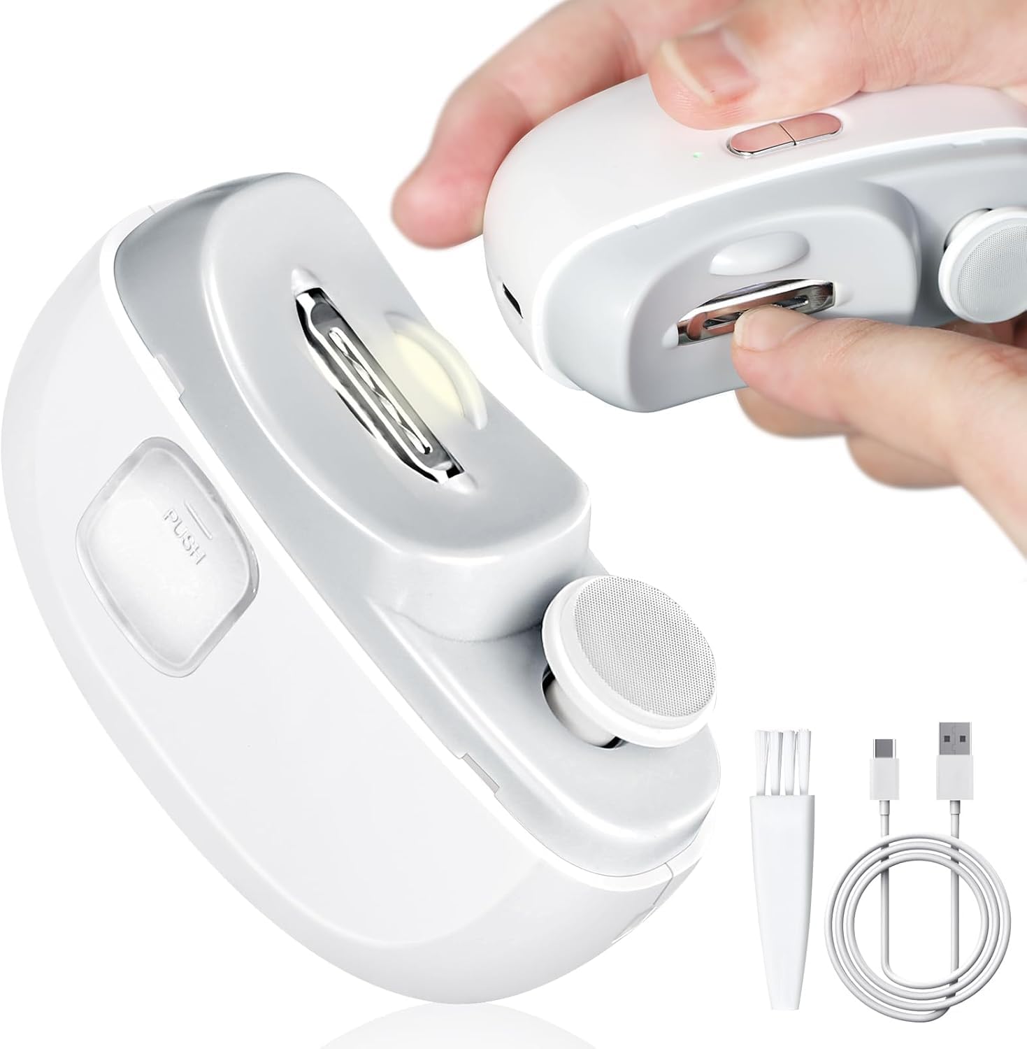 Electric Baby Nail Clipper with LED Light, 2 in 1 Automatic Safety Fingernail Trimmer and File with Nail Scraps Storage for Newborn, Kids, Adult, Elderly, 2 Speeds, USB Rechargeable (White)