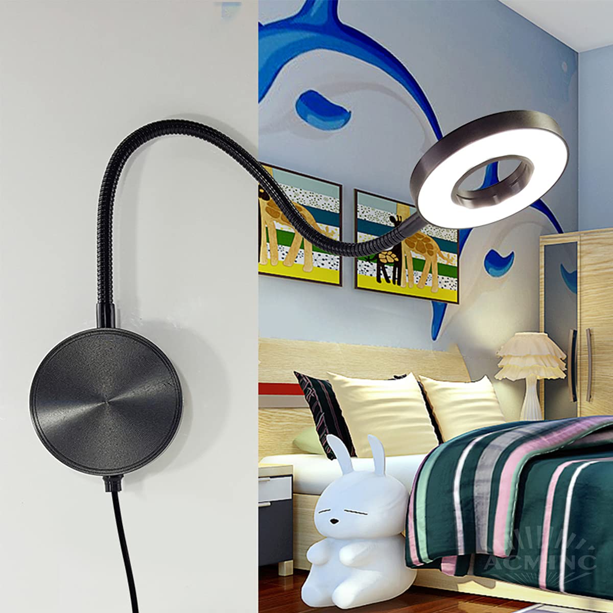 Lámpara de Lectura LED de Cuello de Cisne Regulable, 5 W, de Aluminio, con Interruptor y Cable de 1,9 m, táctil, para dormitorios y Habitaciones Infantiles, Color Negro.