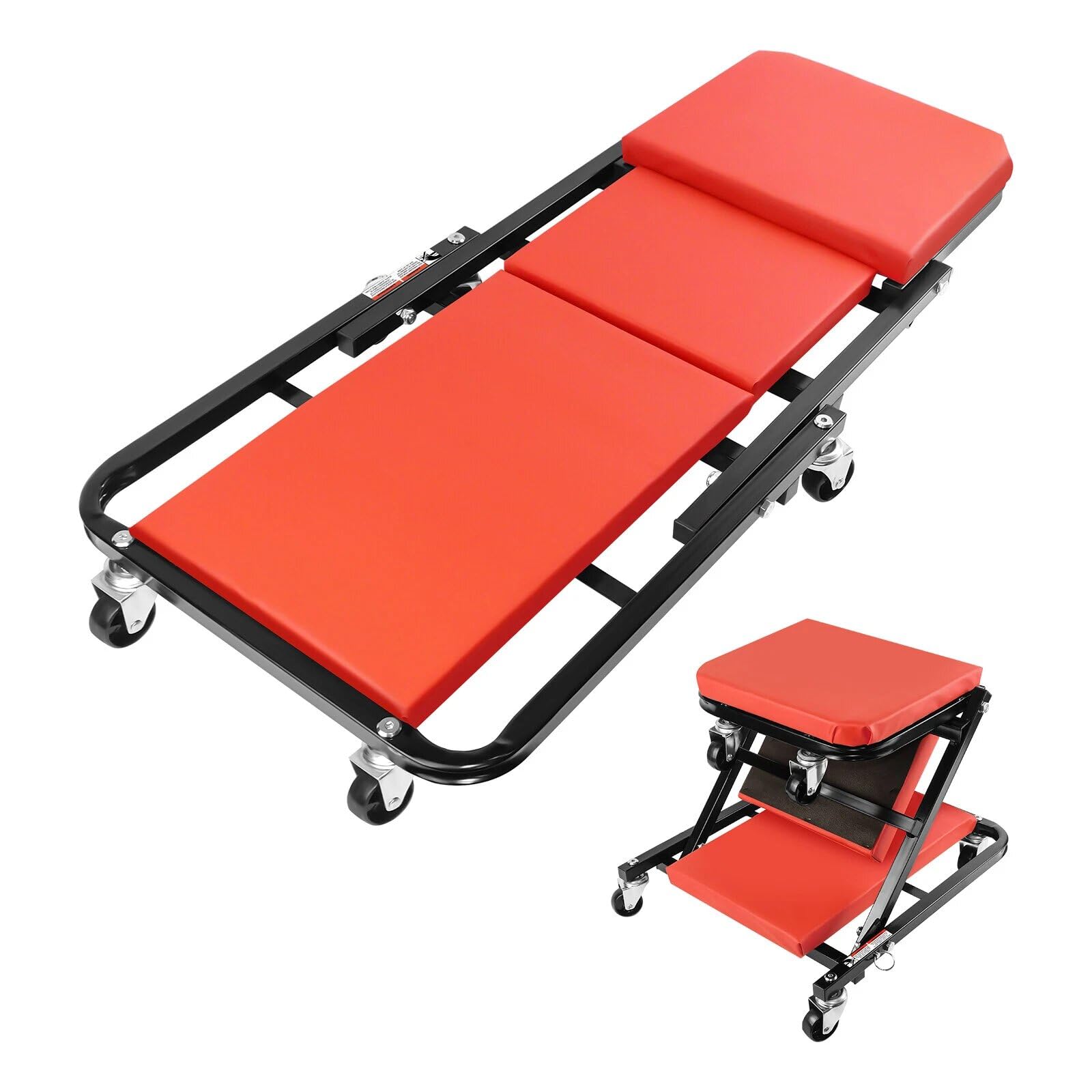 Asiento plegable de 36 pulgadas con ruedas en Z – Taburete de taller acolchado 2 en 1 y tabla de ruedas con ruedas giratorias