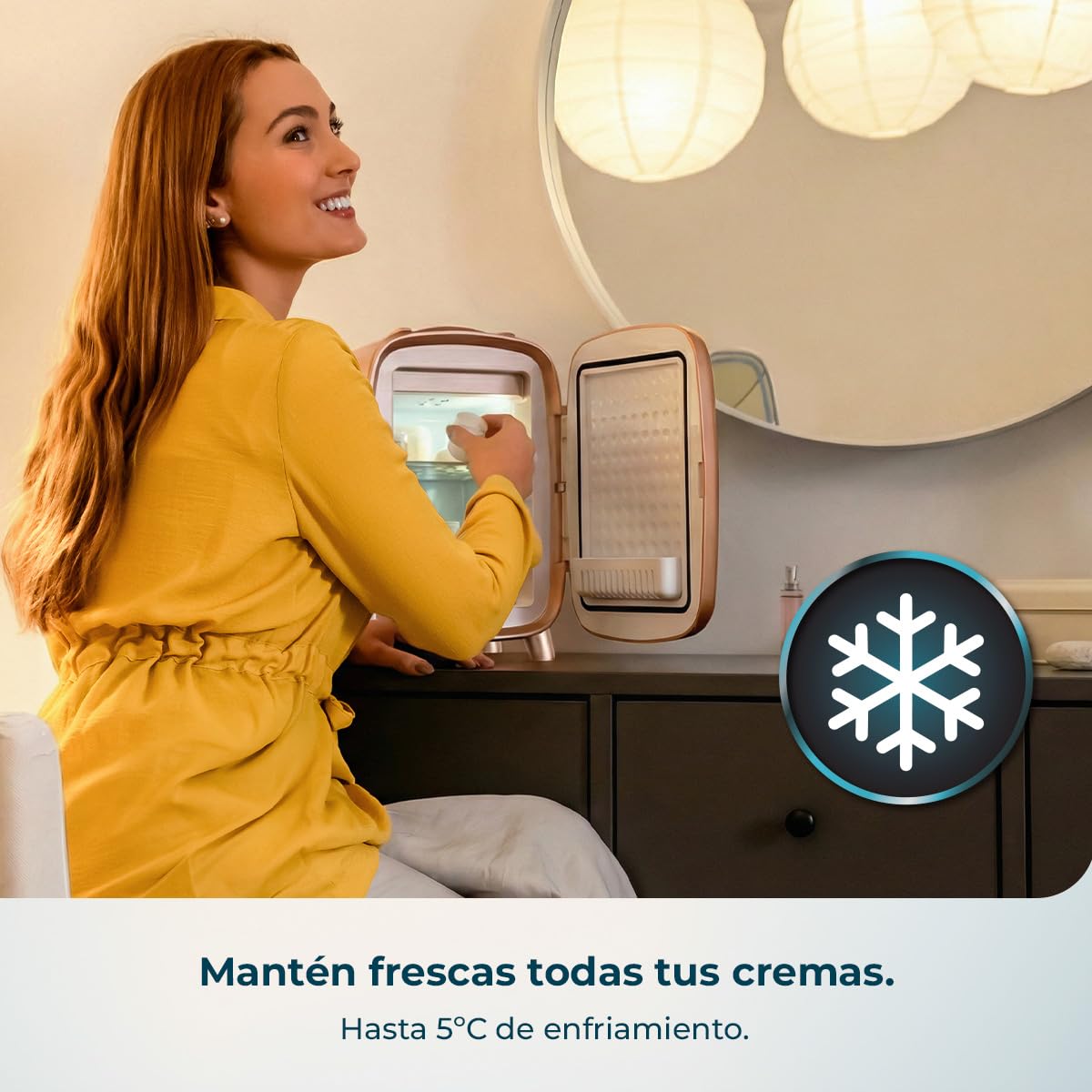 Cecotec Nevera Pequeña de Cosméticos 4L con Espejo CoolingBeauty 4000 Mirror Rose. Luz LED con 3 Intensidades, Hasta 5ºC de Enfriamiento, Asa Superior, Bajo Ruido, Incluye un Estante Interior — view 6