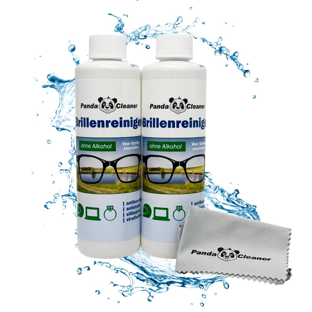 PandaCleaner zestaw uzupełniający 500ml płyn do czyszczenia okularów 2 x 250ml butelka uzupełniająca + ściereczka do czyszczenia okularów | bez alkoholu | przeciwmgielny | bez smug | nadaje się również do wyświetlaczy, monitorów, wizjerów
