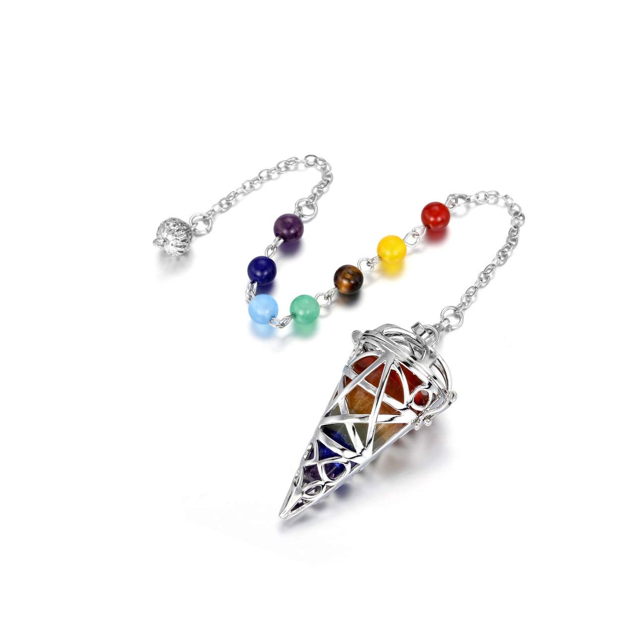 PESOENTH 7 Chakra Healing Dowsing Crystal Pointed Pendulum Hexagonal Stone Reki Energy Silver Locket Pendant Pendulum for Divination Scrying Wicca Crystal Spiritual gift for women