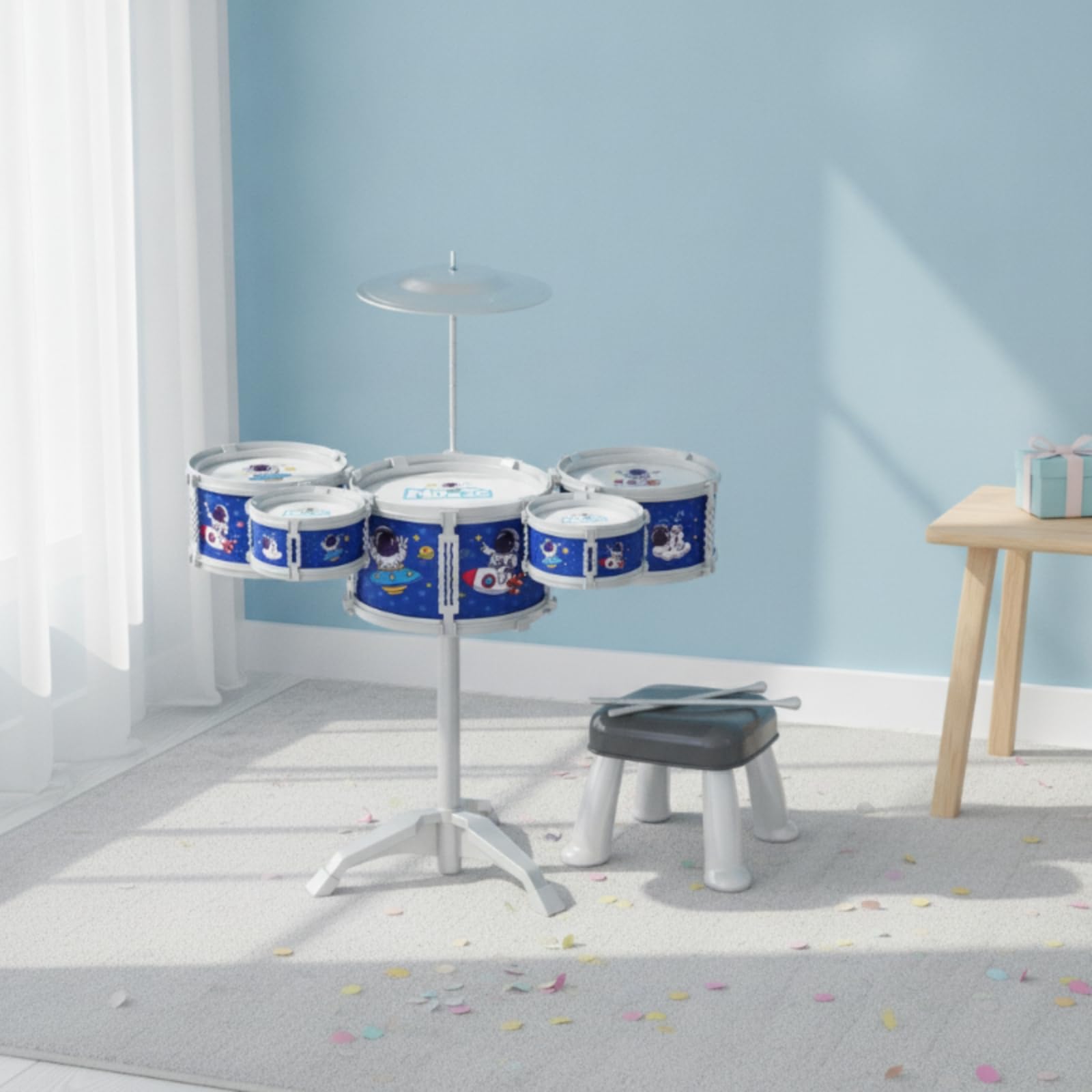 Harilla Batería Infantil de Juguete Set de Percusión Kit Musical Tambor para Niños Kit Completo con 5 Cuerpos y Platillo Sonido con Banqueta Adecuada para , Batería De Juguete con Diseño De Conejo