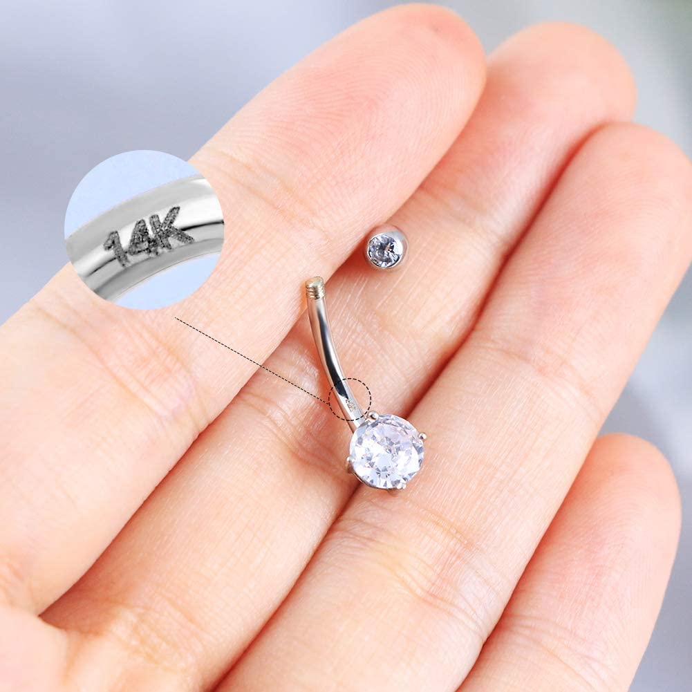 OUFER Body Piercing OUER 14G 14K Solid Gold Belly Button Ring Clear CZ Navel Ring Belly Bars