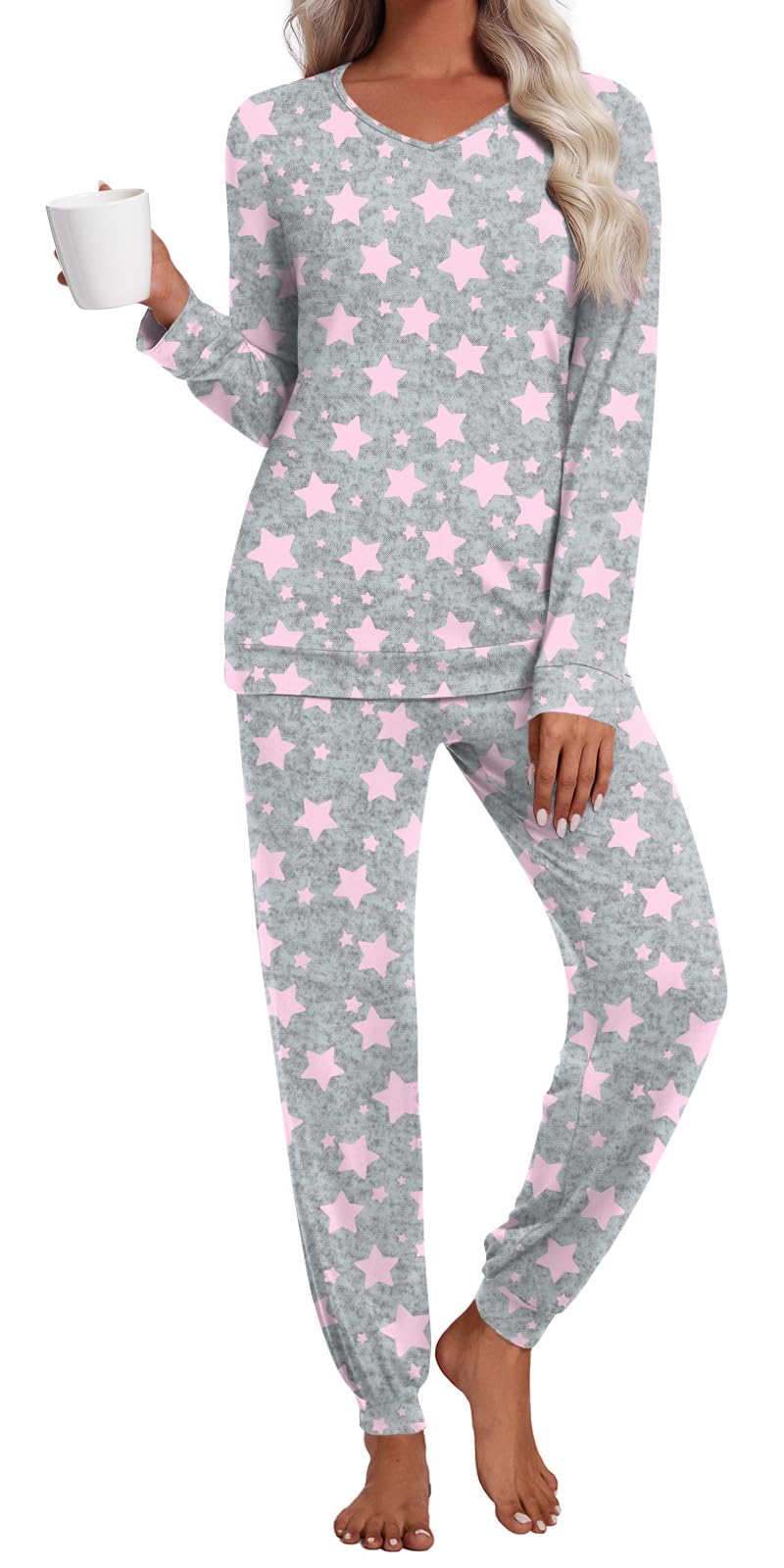syoss Womens Pajama Set Long Sleeve Sleepwear Fall V-Neck Nightwear Soft Pjs 2 Piece Lounge Sets with Pockets