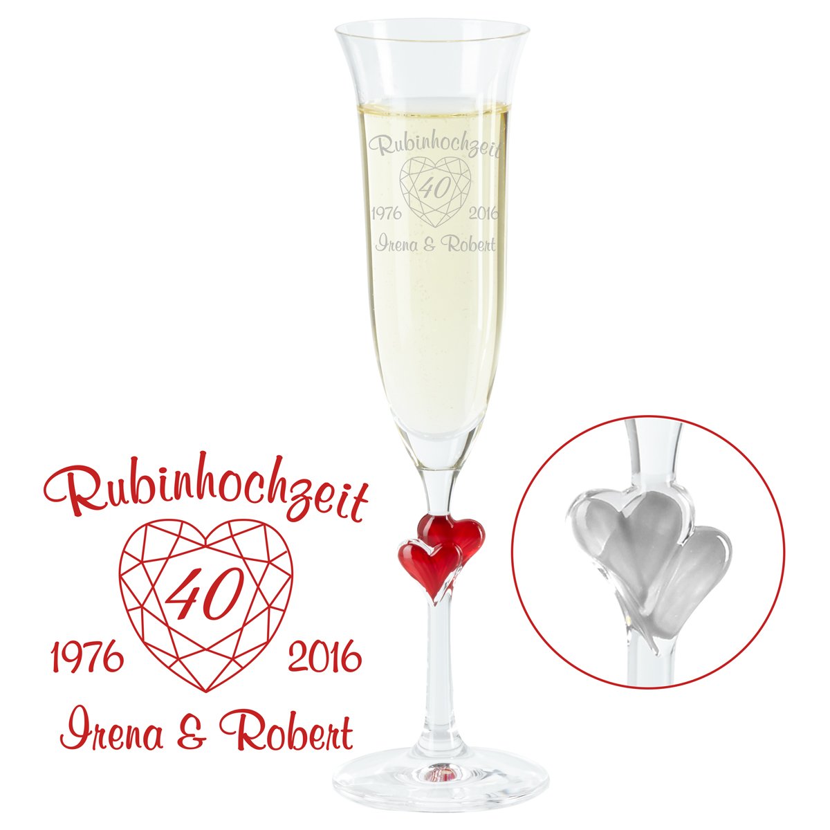 LALALO Sektgläser Mit Gravur Zum 40. Hochzeitstag – 2 Stück, Personalisiert, 180 Ml, Spülmaschinenfest (Rubin-/Smaragdhochzeit)