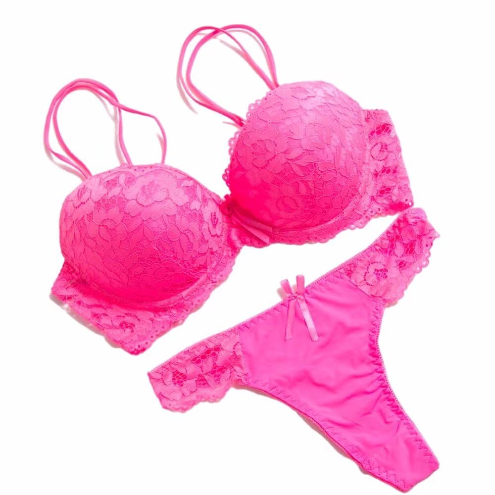 GANGCHENG Ladies Lace Lingerie Plunge Padded Underwire Bra Underwear Panties Set 38B Pink