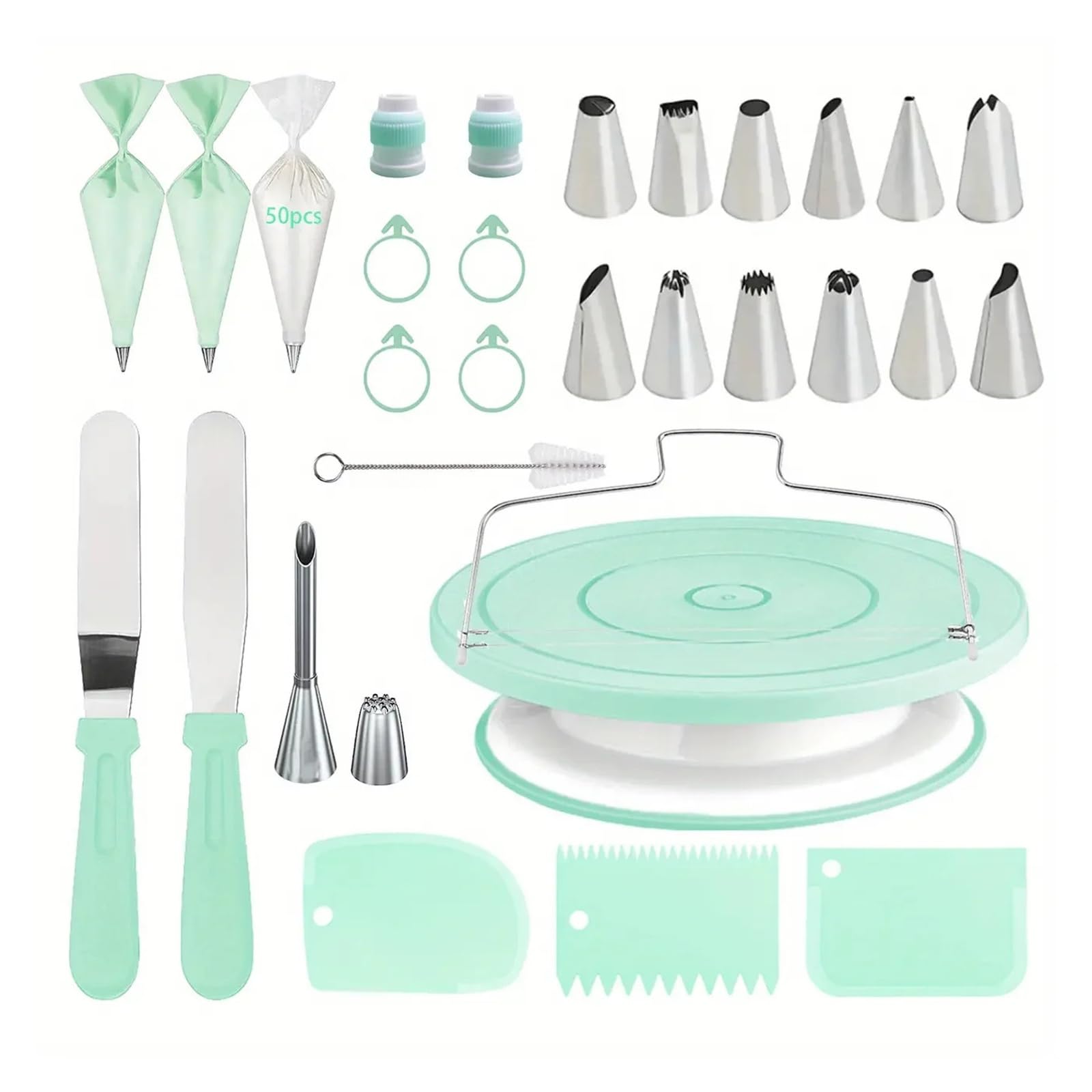 80-teiliges Kuchendekorationsset – rutschfester Drehteller mit 14 Spritztüllen, Schabern und Werkzeugen for professionelles DIY-Backzubehör(BP-80pcs-pink-B)