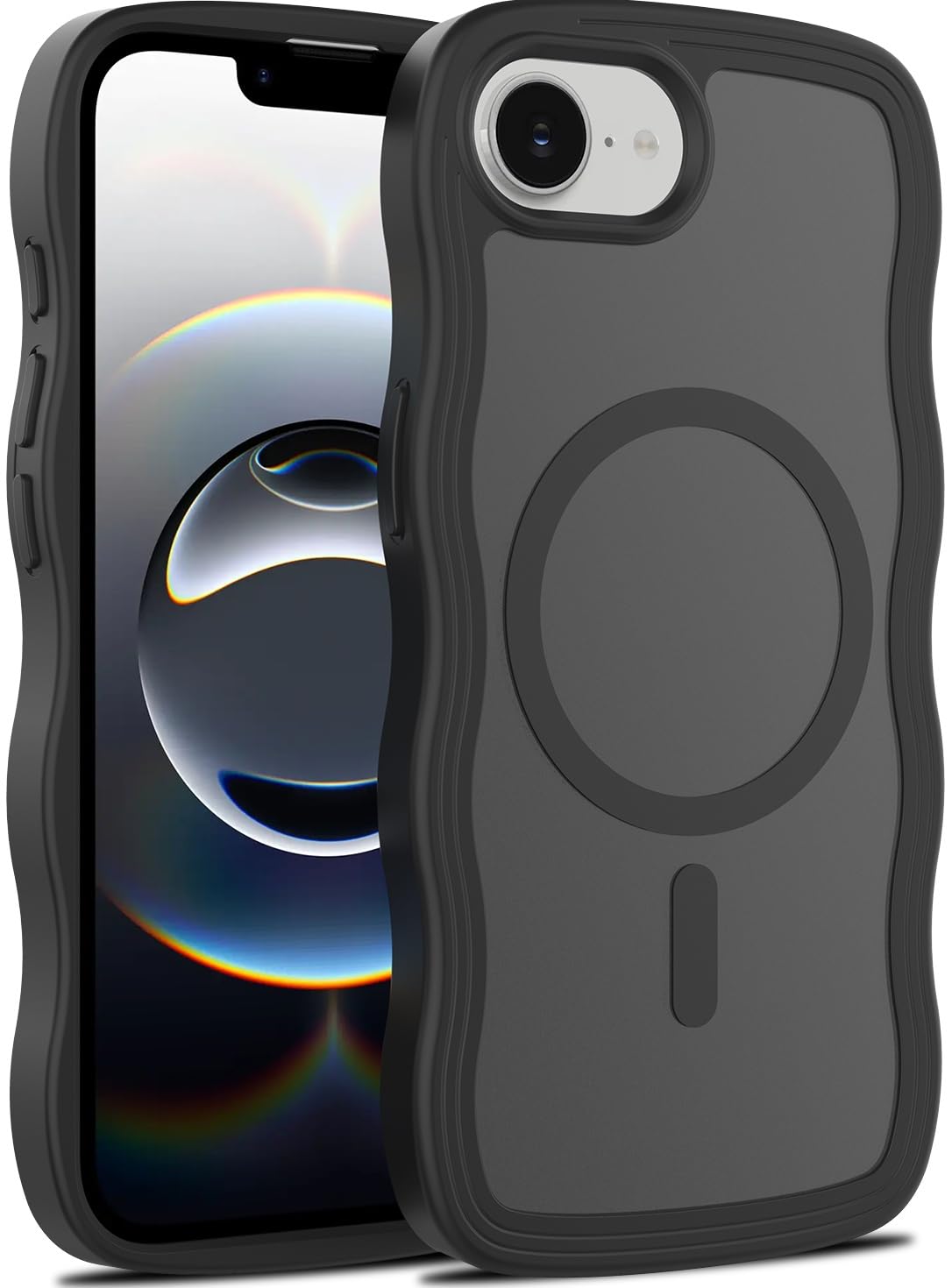 iPhone 17E/16E ケースウェーブ TPU+PC マグセフ 可愛い ケース耐衝撃 全面保護 黄ばみなし 波状エッジ ソフトシェル ケース かわいいうねうね 韓国 人気 ワイヤレス充電対応 なみなみ カバー・アイフォン17E/16Eブラック