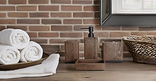 Miniatura 7 de Hymmah Juego de accesorios de baño con diseño de grano de madera, decoración de baño de granja, juego de regalo de resina de 4 piezas, necesidades
