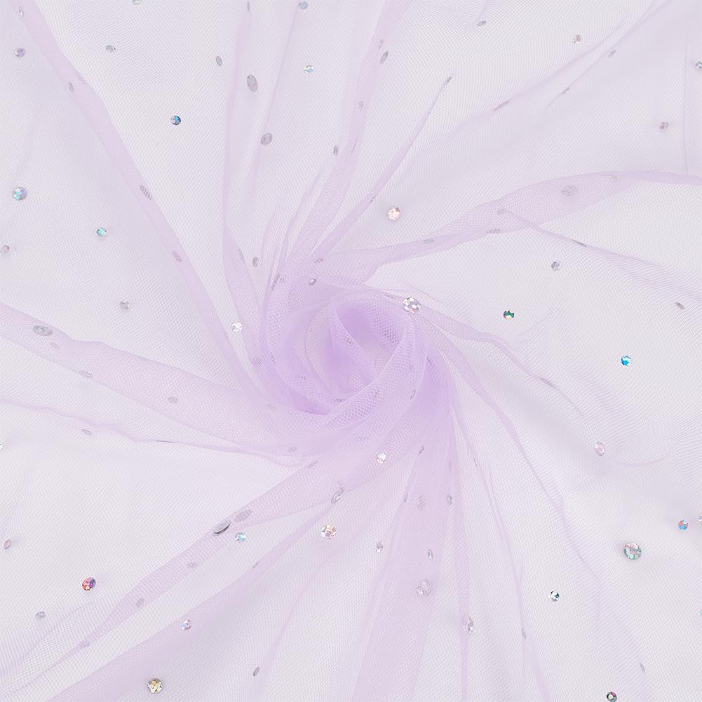CABODYALS 1.8M 1M Purple Glitter Tulle Sparkly Silver Sequin Fabric Mesh Netting Cloth By the Metre Shiny Sequins Sheer Net Polyester Fabrics Bulk for Sewing Making Dress Veil Wedding Home Decor DIY