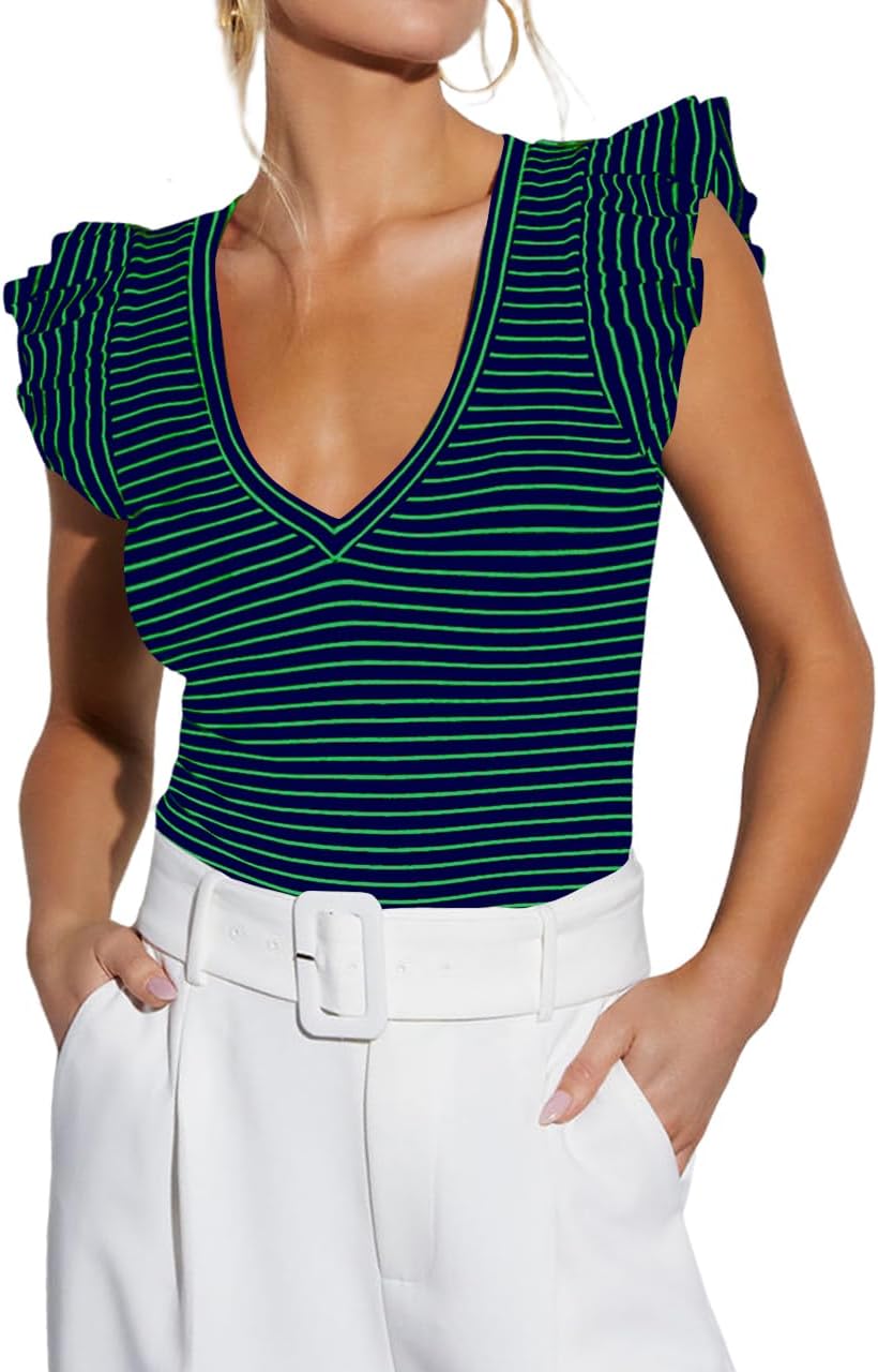 Ezbelle Women's V Neck Tank Summer Tops Striped Tshirts Ruffle Short Sleeve Slim Fitted Ribbed Knit Sexy Blouse 2026