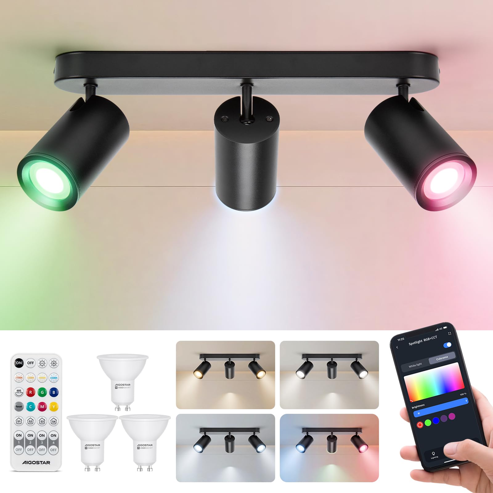 Aigostar Plafonnier LED Spots Alexa GU10, Applique 3 Spots de Plafond Couleur Réglable, Plafonnier avec Télécommande pour Cuisine Chambre Salon (Avec Ampoule Connectée)