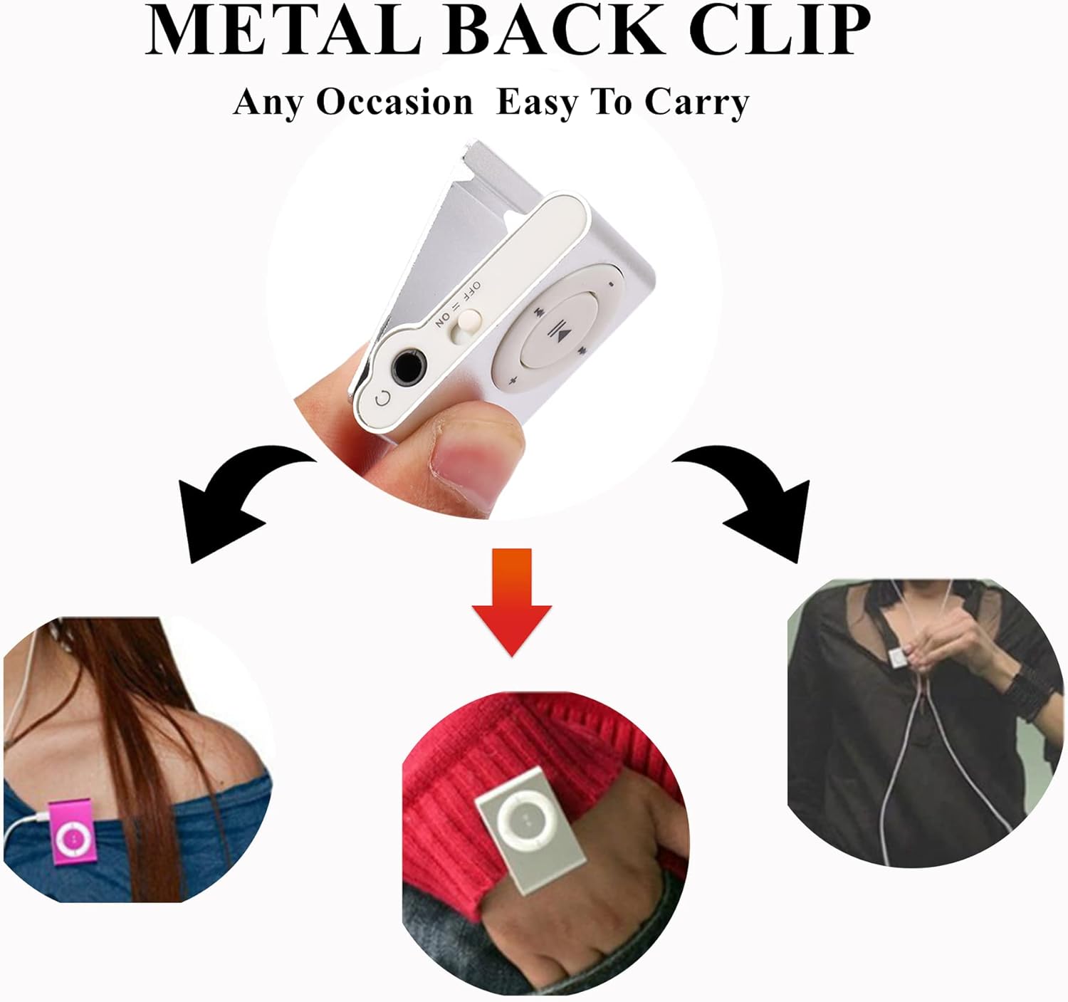 Mxzzand MP3 Player with Bluetooth Portable Music Player Mini MP3 Back Clip Player Durable with Memory Card and Cable(Silver) - Image 2