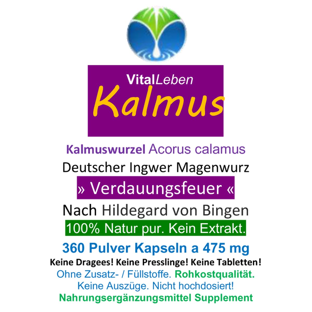 Kalmus-Wurzel Magenwurz Magen Bitter(stoffe) APERITIF & DIGESTIF Verdauung Stoffwechsel 360 Pulver Kapseln nach Ayurveda & Hildegard von Bingen - NATUR PUR ohne ZUSATZSTOFFE. 26860-360