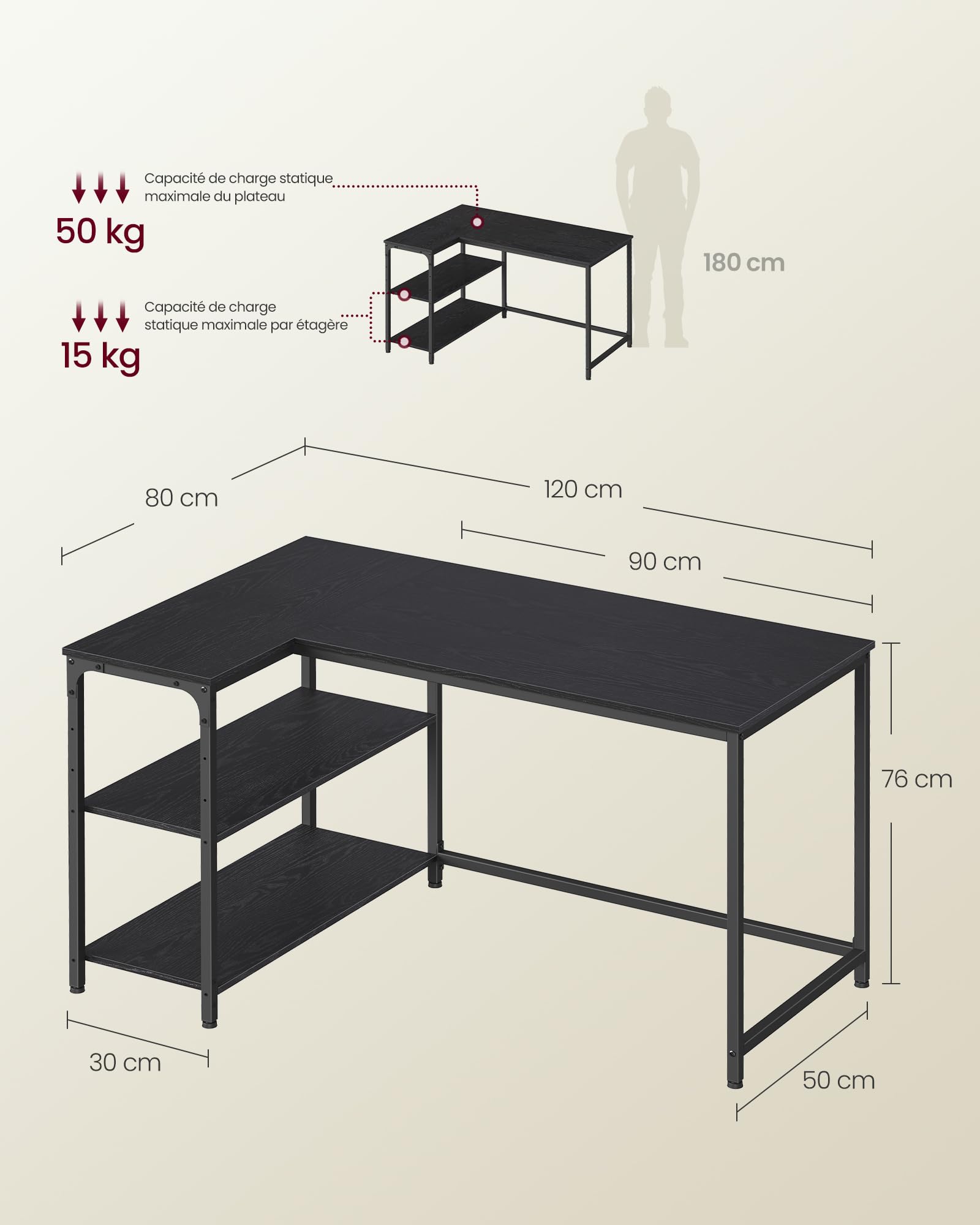 VASAGLE Bureau Gaming en L, Bureau avec Rangement, Étagères Réversibles à Hauteur Réglable, pour Domicile, 120 x 80 cm, Noir Boisé LWD136BE01