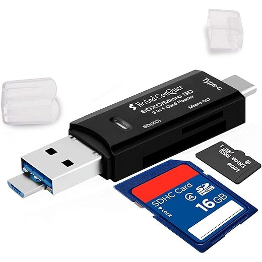 Brand Conquer 3 in 1 SD Card Reader | USB Type C, USB 3.0 and Micro USB, OTG, Memory Card | Portable Card Reader | Compatible with TF, SD, Micro SD, SDHC, SDXC, MMC, RS-MMC, Micro SDXC