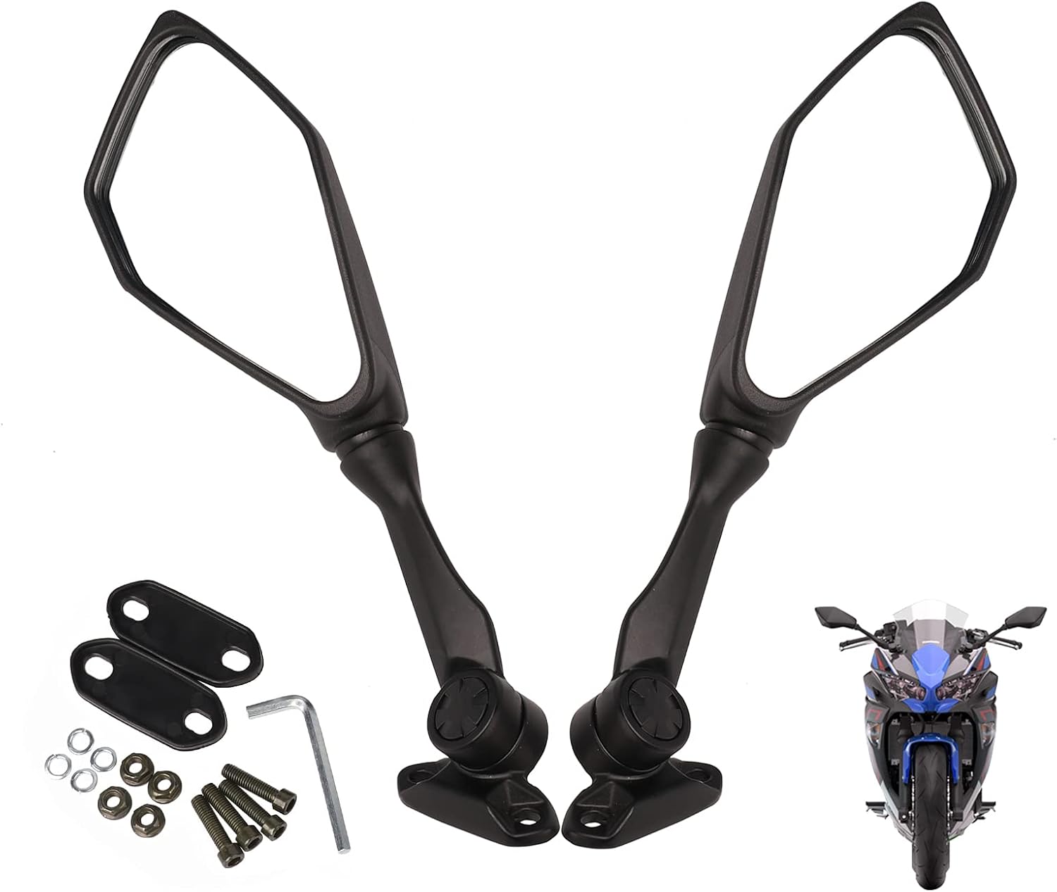 Minho Foldable Convex Rear View Mirrors for Kawasaki ZX6R Ninja 300/400/500/650, Honda CBR650R, Yamaha FZ6R - Black, Durable & Adjustable