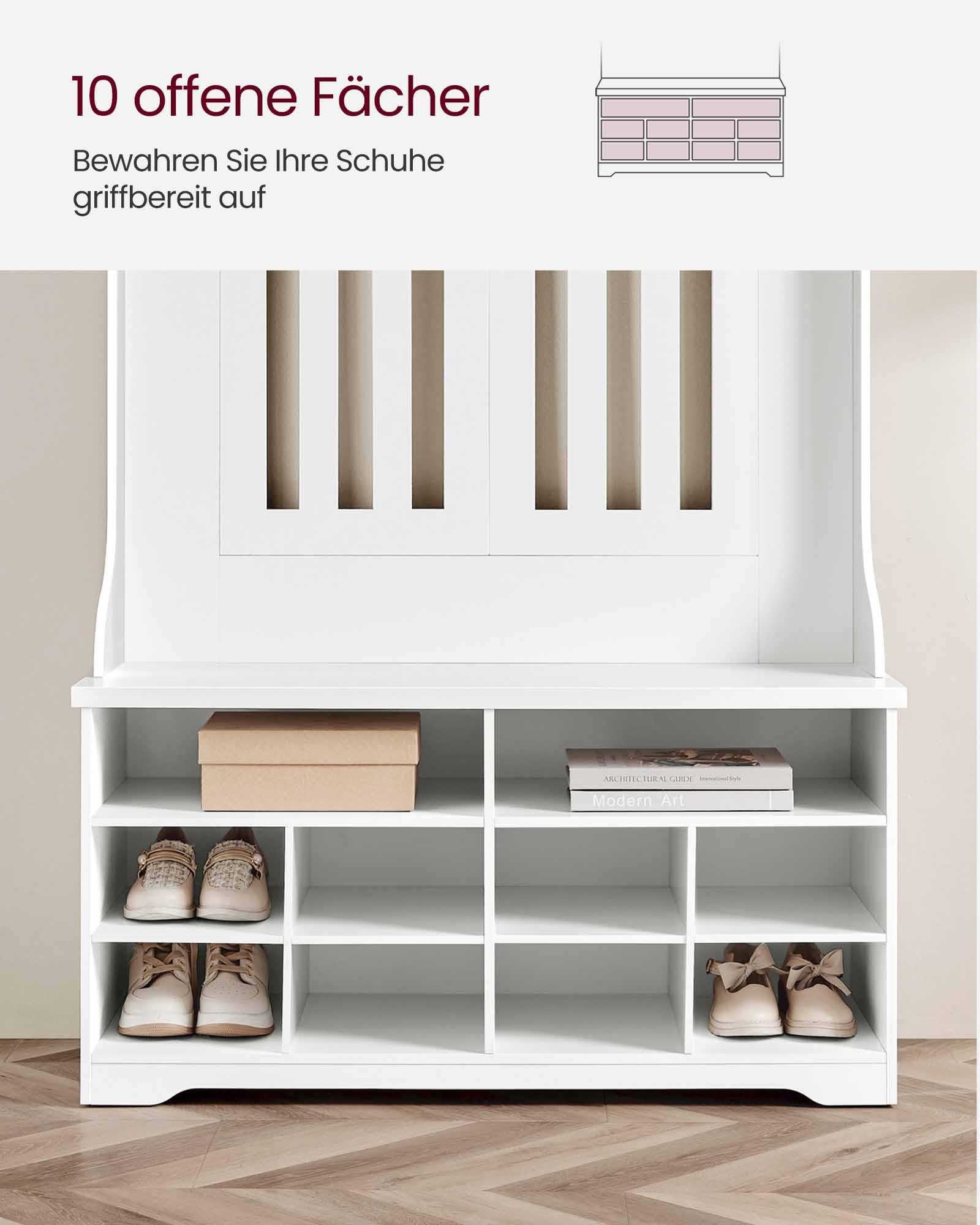 VASAGLE Garderobenständer mit Schuhbank, Garderobe, Schuhaufbewahrung, 5 Dreifach-Haken, freistehend, platzsparend, für Eingangsbereich, Flur, verstellbare Regalebenen, wolkenweiß HSR404T10