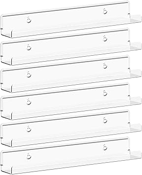 Lifewit Narrow Floating Shelves for Vinyl Record 6 Pack, 12" Clear Wall Shelves for Nail Polish/Book/Picture/Makeup, Acrylic