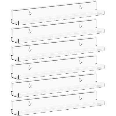 Lifewit Narrow Floating Shelves for Vinyl Record 6 Pack, 12" Clear Wall Shelves for Nail Polish/Book/Picture/Makeup, Acrylic Wall Display Shelf Organizer for Bedroom, Living Room, Bathroom Decor