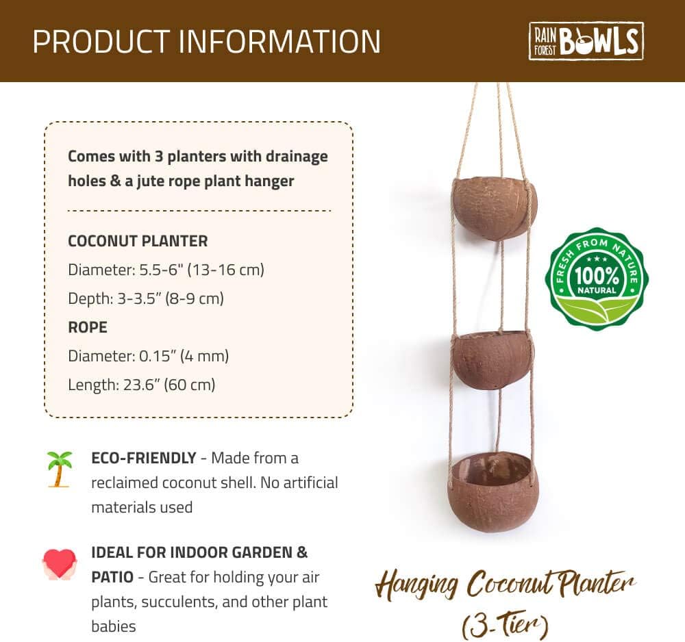 Rainforest Bowls Set of 2 3-Tier Hanging Coconut Planters w/Drainage - Perfect for Succulents, Flowers, Small Plants, Indoor & Outdoor Gardens- Handcarved by Artisans, Eco-Friendly & Sustainable
