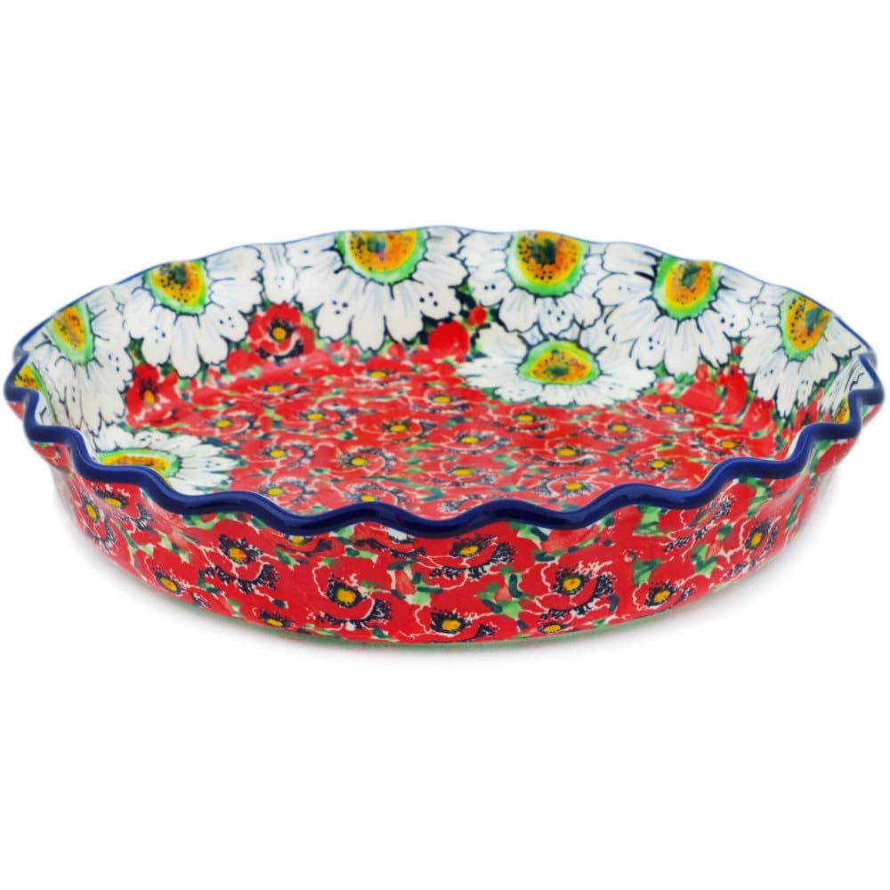 Authentic Polish Pottery Fluted Pie Dish Signature UNIKAT in Sweet Red Petals Design Handmade in Boles?awiec Poland by Ceramika Artystyczna + Certificate of Authenticity
