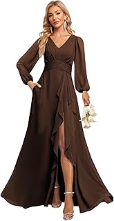 Women's V Neck Ruffle Lantern Sleeve Bridesmaid Dresses with Slit Long Pleated Formal Dress with Pockets - Buy now