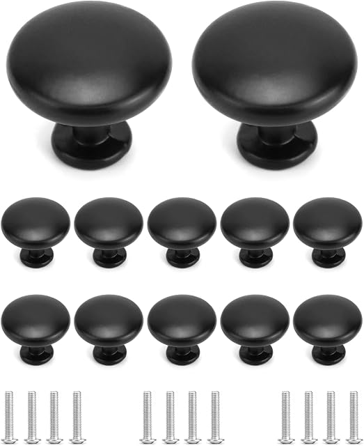 QWORK 12 Pcs Black Cabinet Knobs Door Knobs, 30mm Round Wardrobe Door Handles Aluminum Alloy for Cabinets/Cupboards/Drawers/Wardrobes, Screws Included