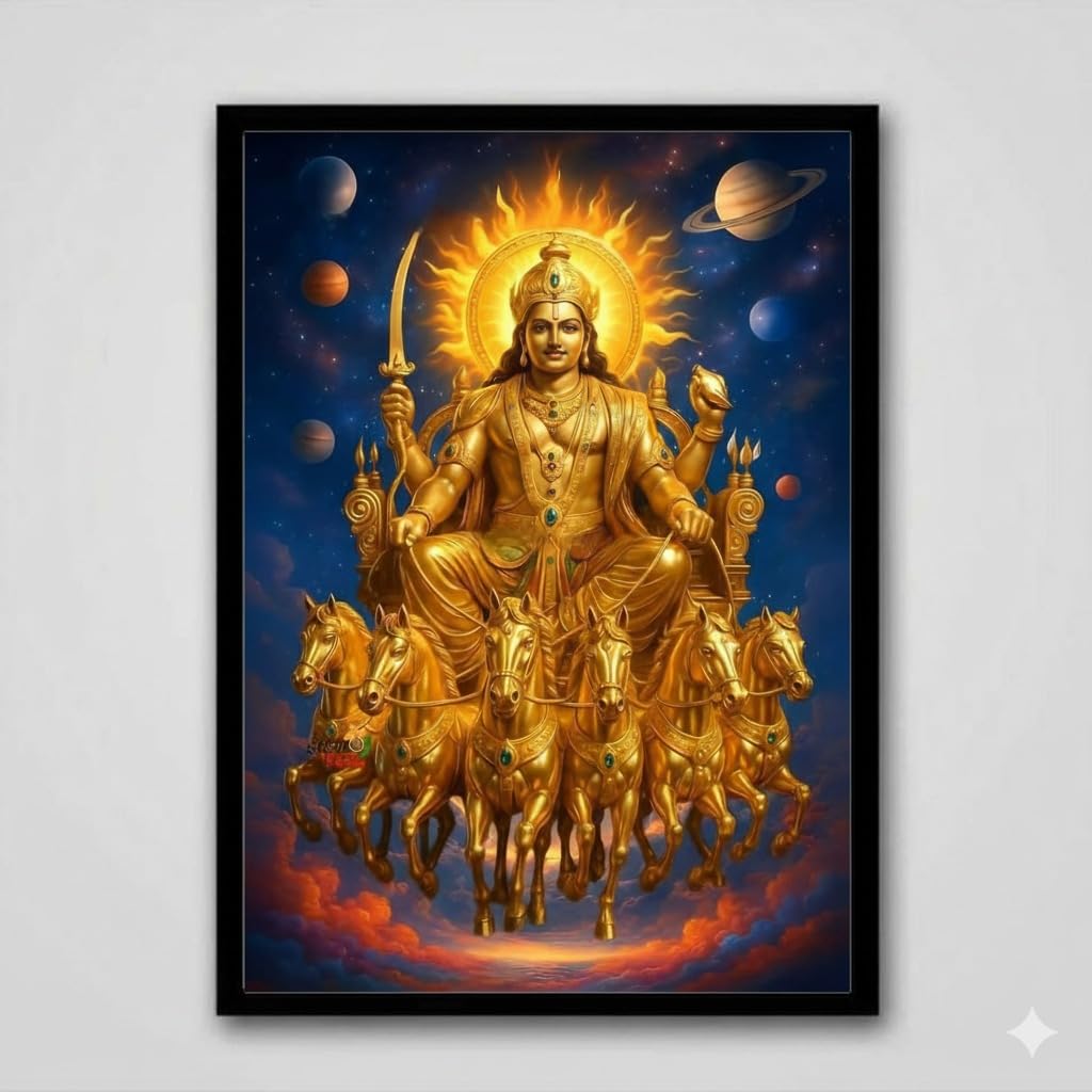 太陽神(Sun god) 油絵 Surya Dev Wall Art, Hindu Sun God with Seven Horses, Framed