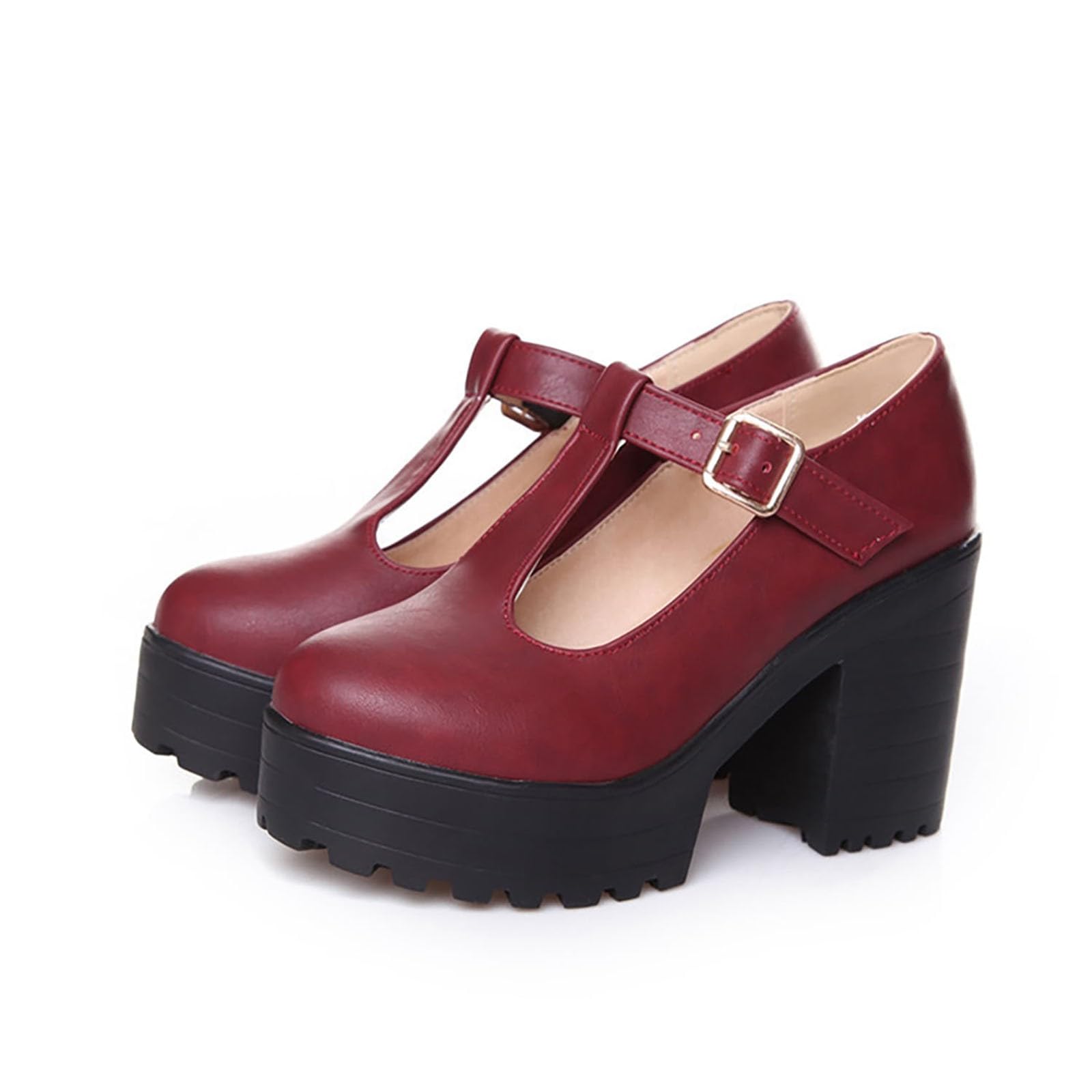 Pumps Damen Elegant Plateau Schuhe Chunky Leder Mary Jane Schuhe Bequeme