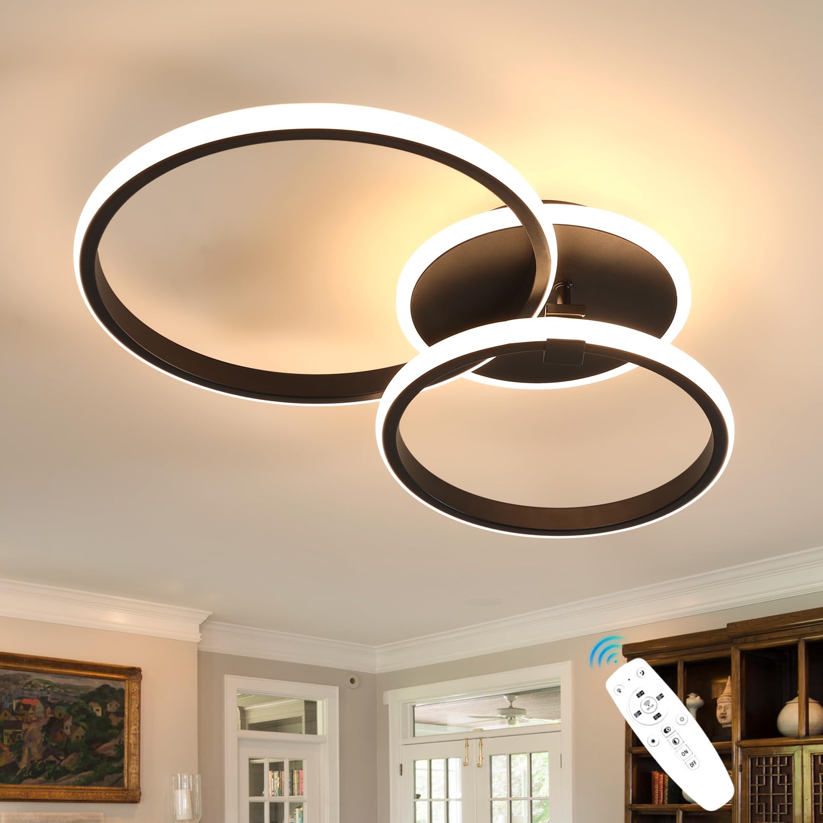 Comely Modern Round Ceiling Light LED, 42 W Ceiling Light, Dimmable with Remote Control, 3000 K - 6500 K, Black Aluminium Ceiling Light for Living Room, Bedroom, Childrens Room