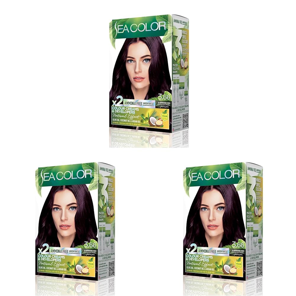 SEA COLOR Amonyaksız, Vegan, Doğal, Besleyici Kalıcı Saç Boyası%100 Beyaz Kapama (1 PAKET 2 x 50 ml Boya & OKSİDAN) (Patlıcan Moru 3.66) (3 paketi)