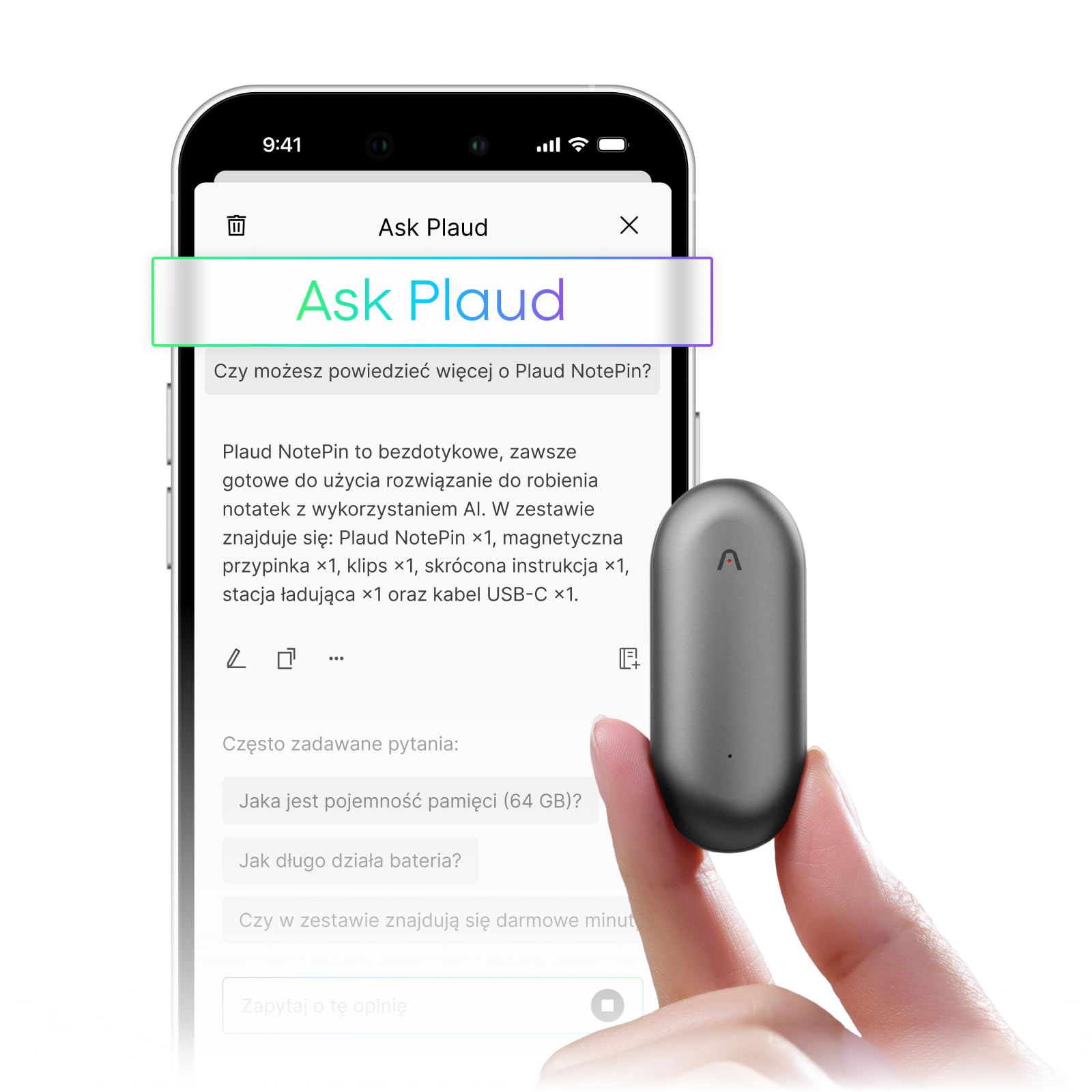 Plaud Note Dyktafon AI z etui, sterowanie i podsumowanie za pomocą technologii AI, obsługa 112 języków, 64 GB pamięci, dyktafon na wykłady, spotkania, rozmowy telefoniczne, Zespoły